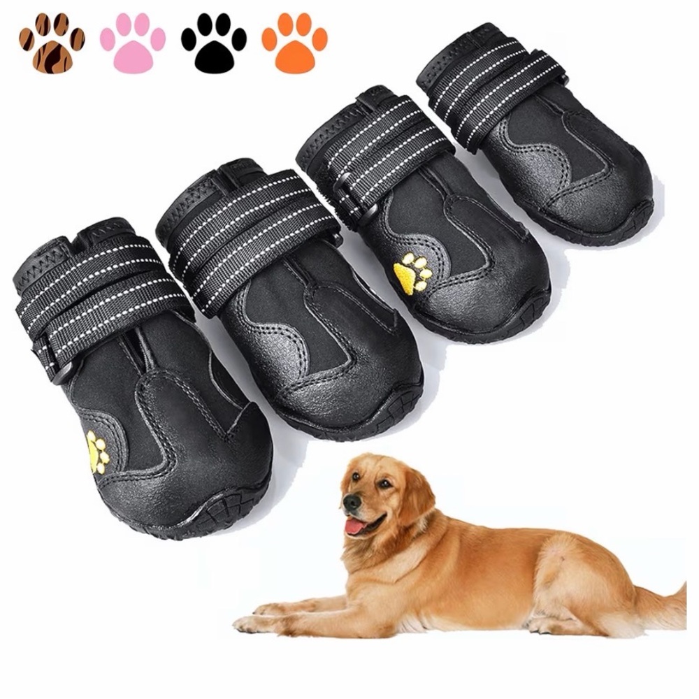 Black Reflective Dog Boots with Paw Accent - Comfortable Waterproof Protection